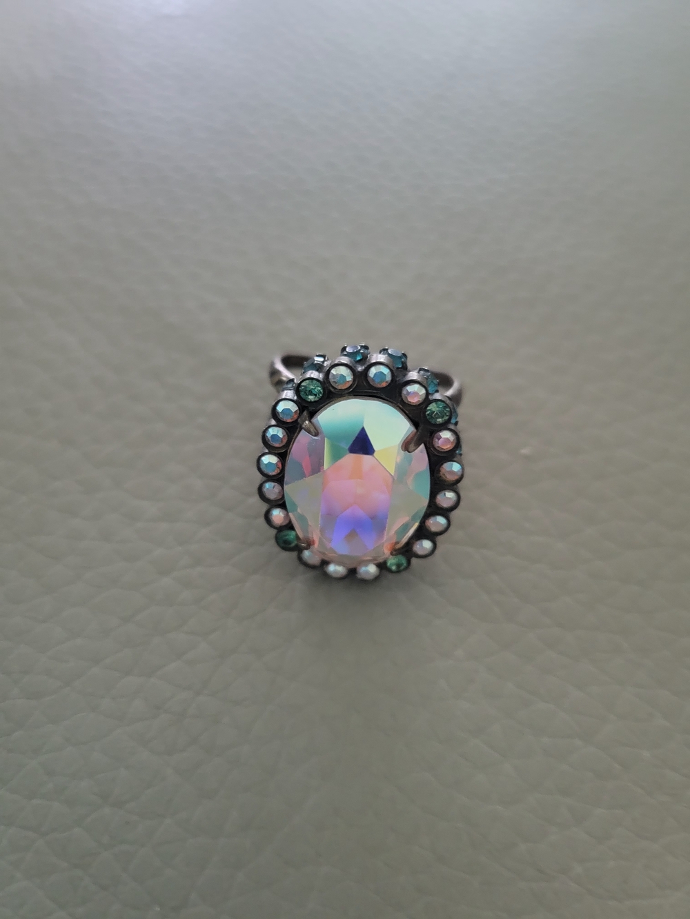 Sorrelli Iridescent Oval Crystal Ring with Green Accent Halo
